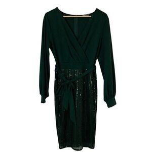 Grace Karin Womens Elegant Green Sequin Faux Wrap Dress‎ Size M Holiday Party